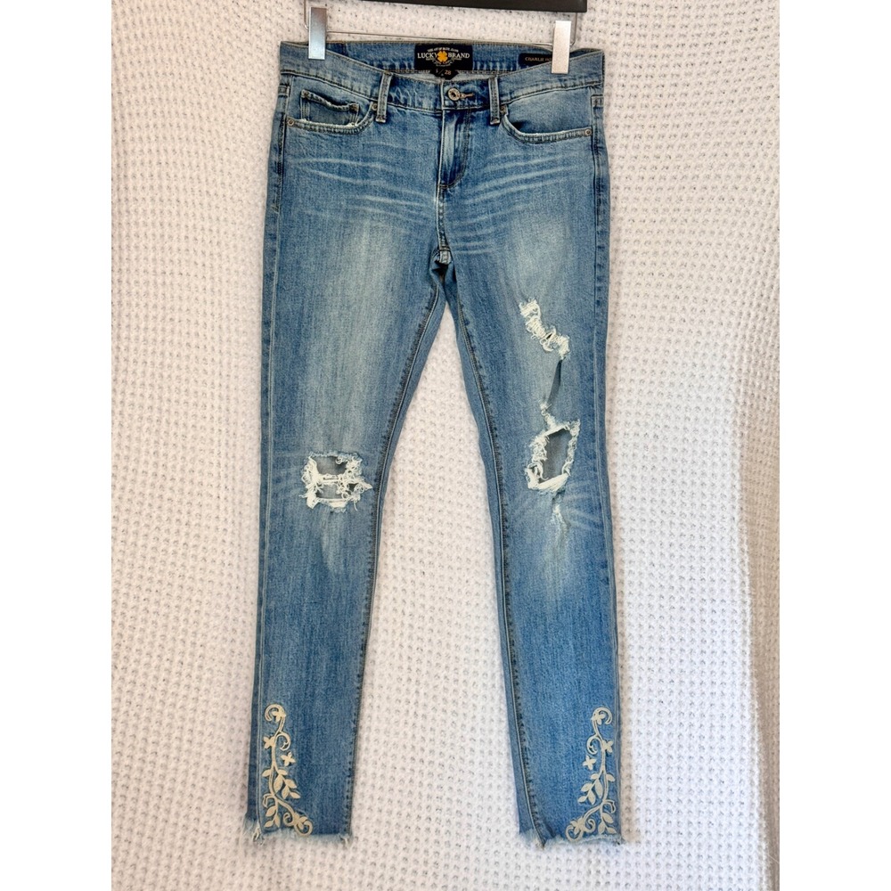 Lucky Brand Charlie Skinny Jeans Distressed Embroidered Ankle Light Wash